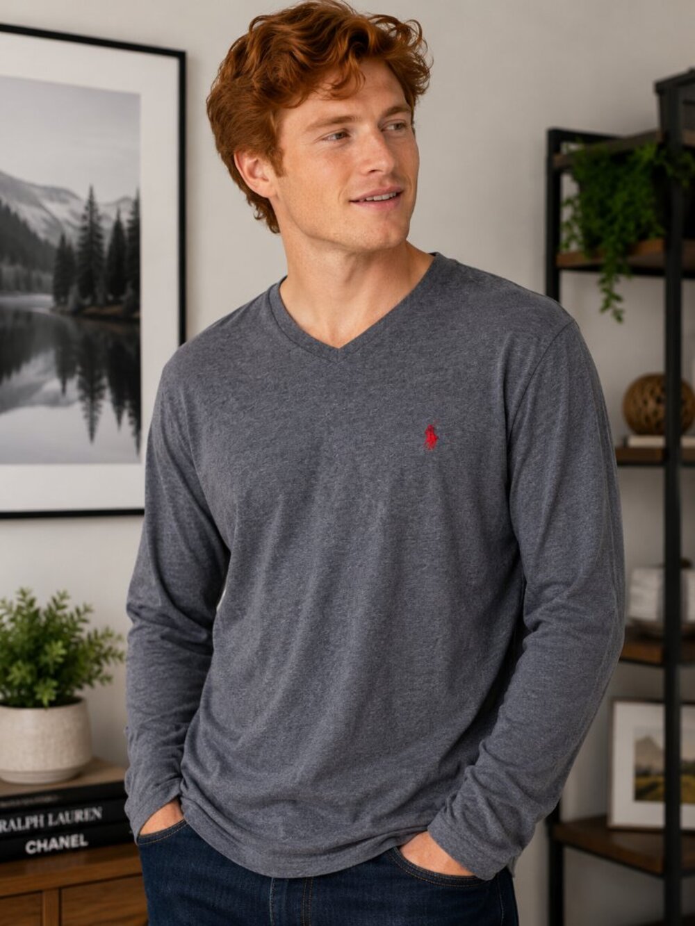Polo Ralph Lauren Men's Medium Gray V-Neck Long Sleeve T-Shirt Pony Logo Casual